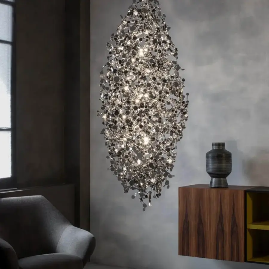 Exclusive Terzani Argent chandelier crafted from interconnected metal discs with a glossy silver finish creating a refined glow