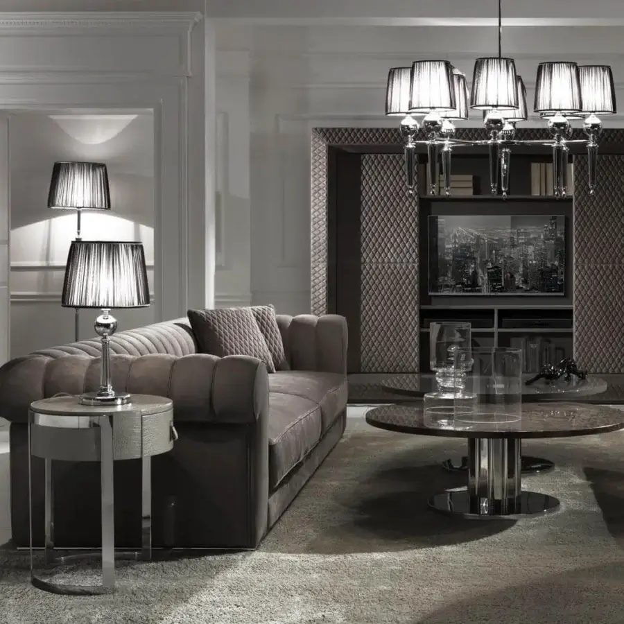 Distinguished DV Home Collection Kent sofa upholstered in smooth matte taupe textile with chrome metal base