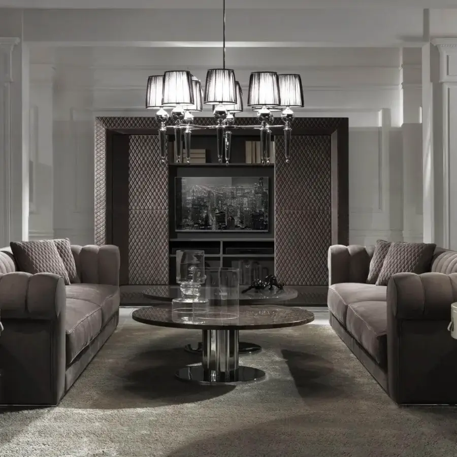 Superior DV Home Collection Kent sofa upholstered in matte taupe textile with a sleek chrome metal base