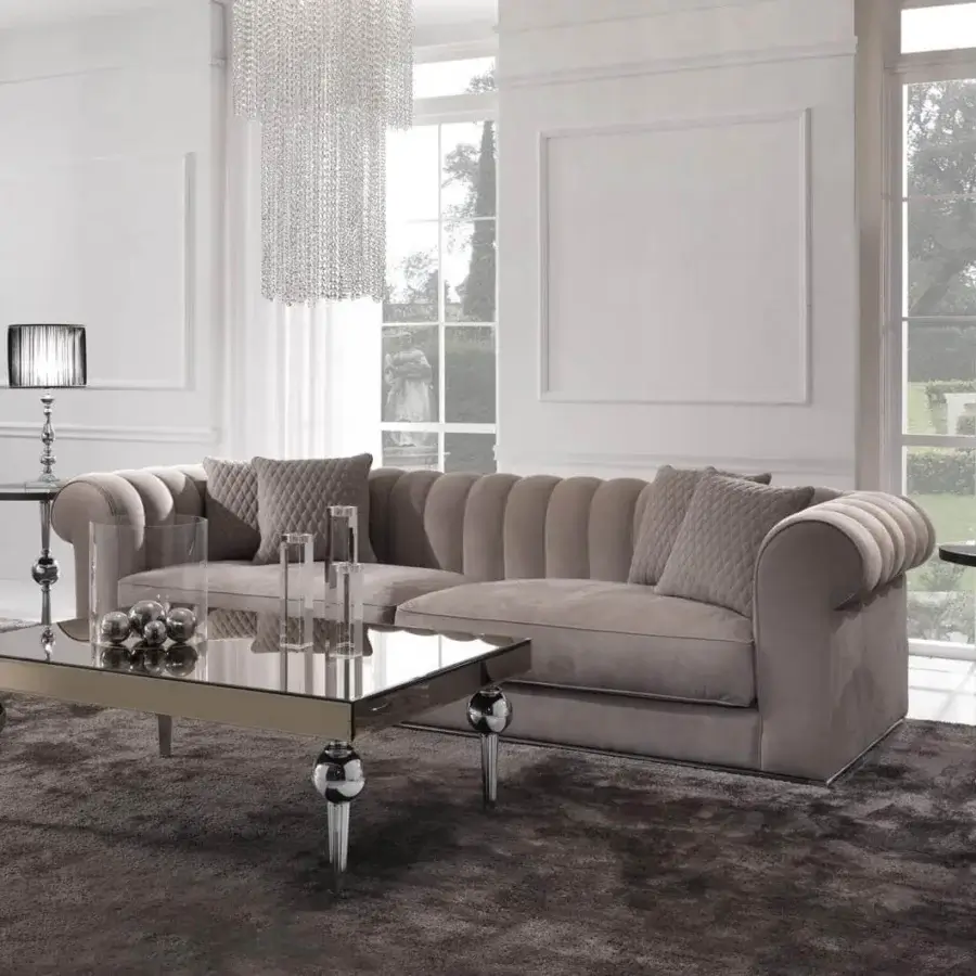 Exceptional DV Home Collection Kent sofa upholstered in smooth matte taupe textile with a chrome metal base