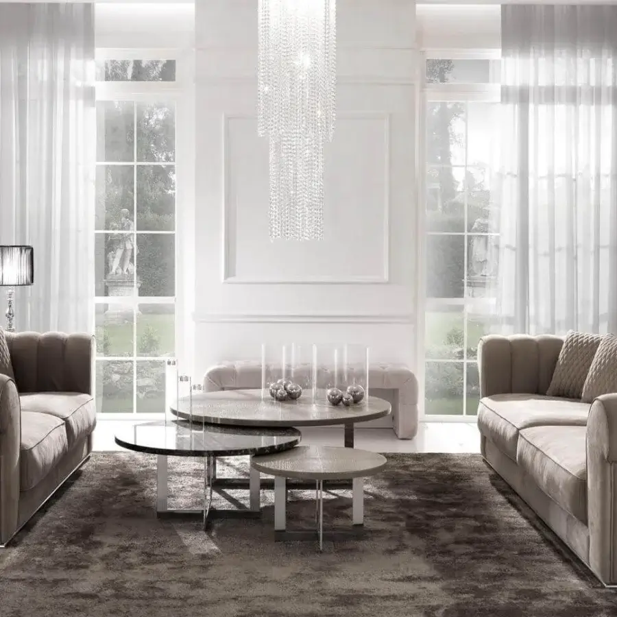 Distinguished DV Home Collection Kent sofa with neutral beige fabric, rolled cushioned arms and chrome metal base