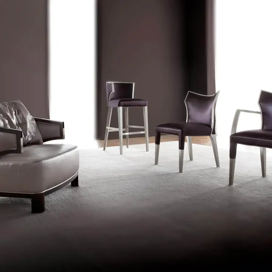 Distinguished Costantini Pietro Villa lounge chair with dark purple fabric upholstery and matte beech wood frame