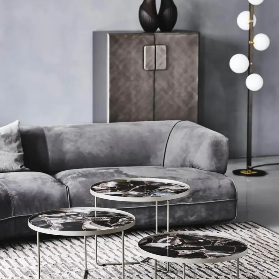 Elegant Cattelan Italia Billy Keramik coffee table with glossy black, grey, and beige Marmi ceramic and matte light-colored metal legs