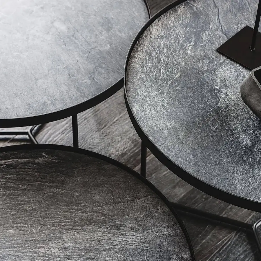 Elegant Cattelan Italia Billy Keramik coffee table with textured grey Marmi ceramic and brushed metal legs