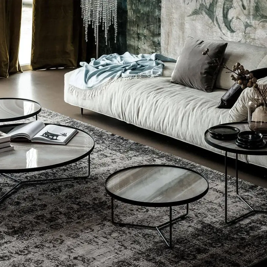 Distinguished Cattelan Italia Billy Keramik coffee table with light gray and white Marmi ceramic top and brushed matte black metal base