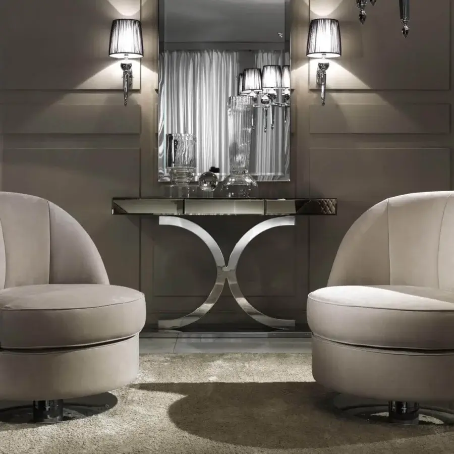 Superior DV Home Collection Kent Plus console with glossy mirrored top and distinctive intersecting stainless steel base