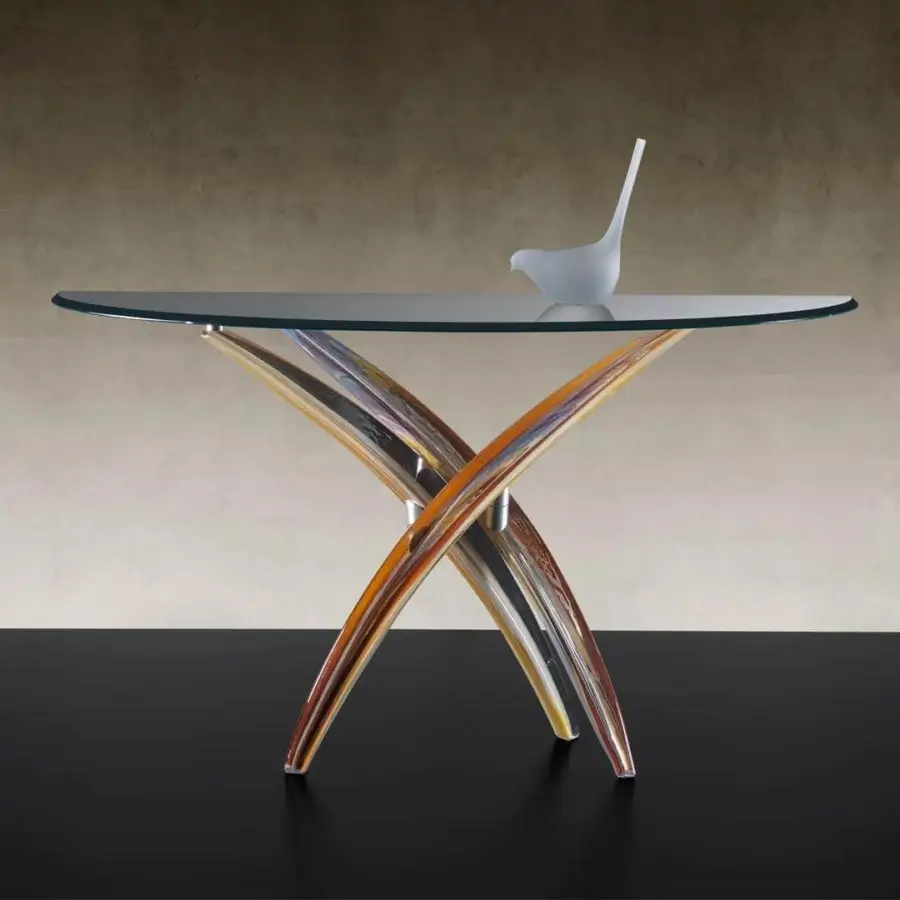 Distinguished Reflex Fili D'Erba console with shaped glass top and interconnected Murano glass elements in Rugiada finish