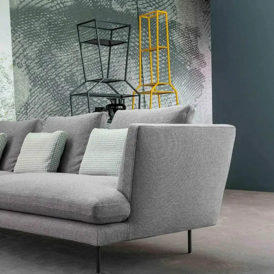 Superior Bonaldo Lars sofa with light gray fabric upholstery and dark slender metal legs