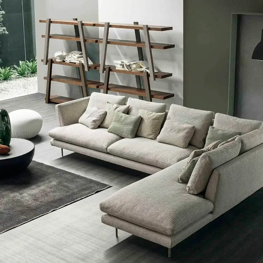 Distinguished Bonaldo Lars sectional with a light neutral textile upholstery and textured finish conveys comfort with big cushions and slender metal feet