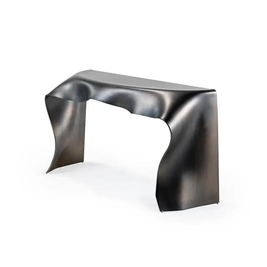 Elegant Reflex Foulard console crafted from curved extra-clear glass with a dark brass satin finish and gradient silvery-gray tones