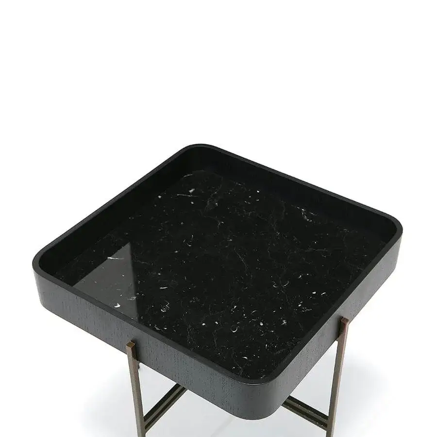 Exceptional Potocco Tray side table with black marble-patterned glass and a muted metallic frame built with curved ash edging