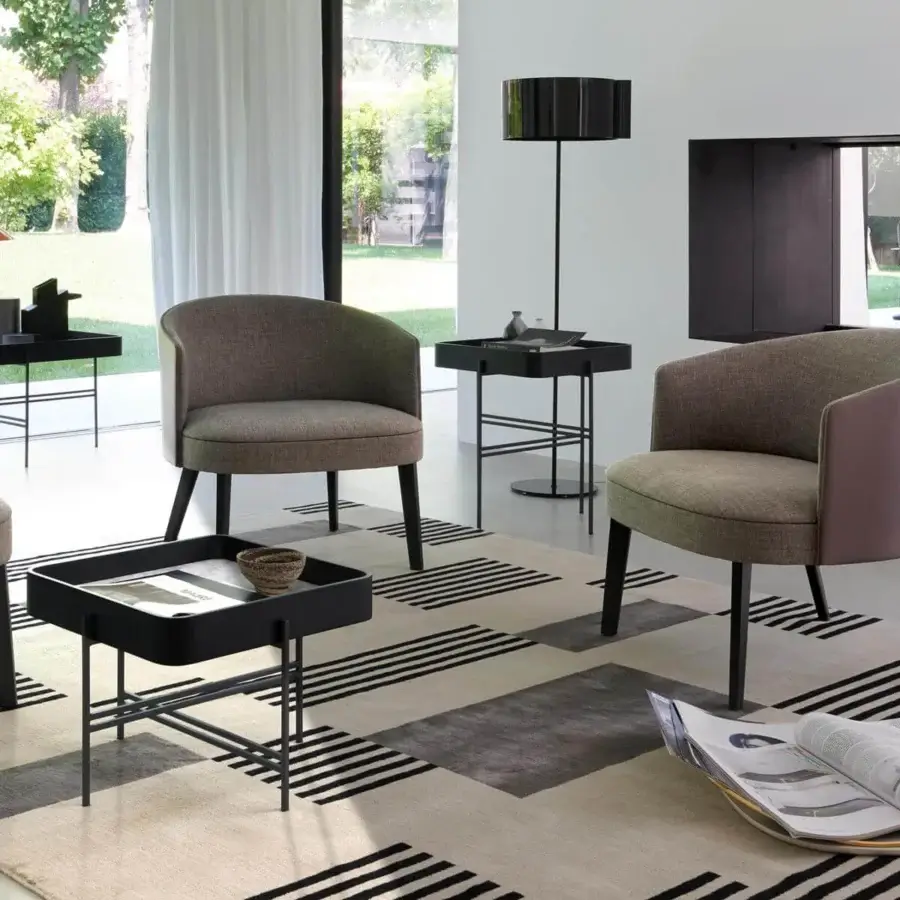 Distinctive Potocco Tray side table with a matte black light metal structure and curved ash framed painted glass top