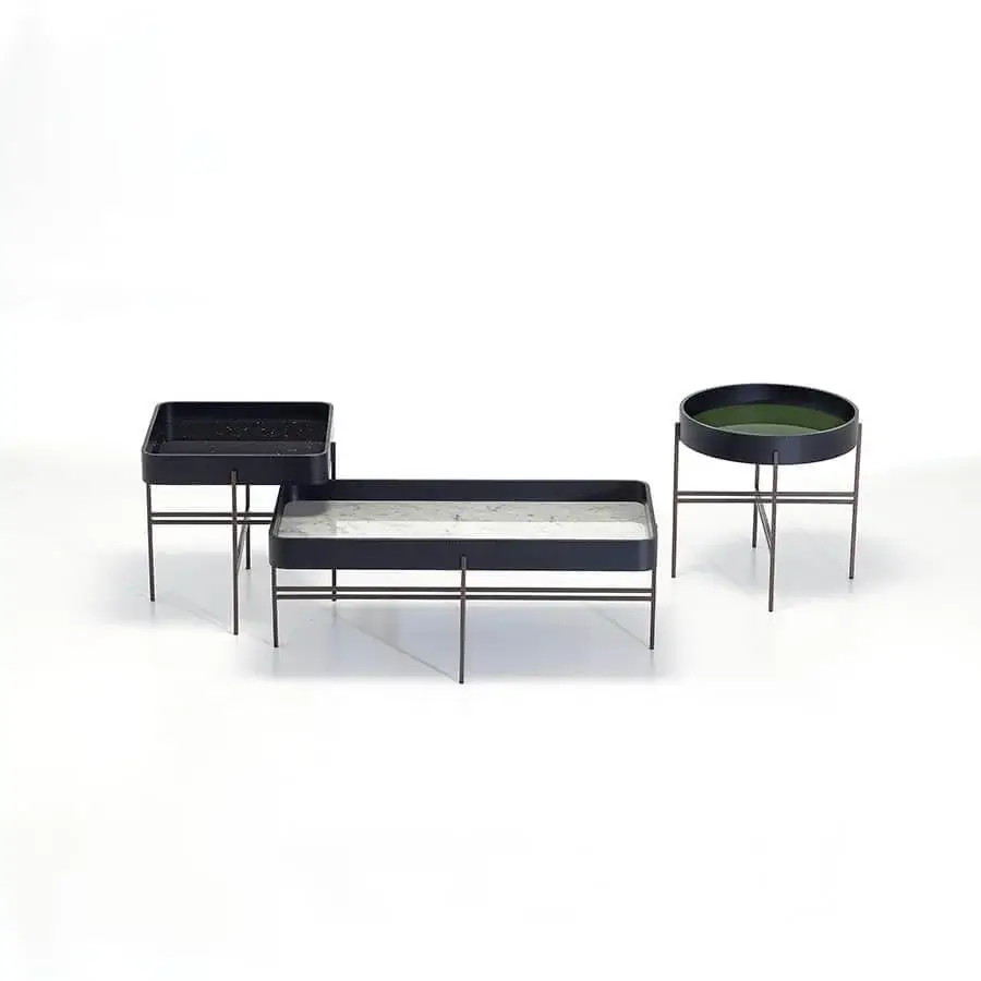 Distinguished Potocco Tray side table with green painted glass top and dark matte metal structure crafted in curved ash