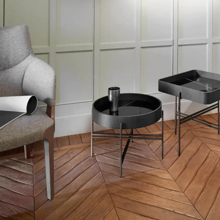 Distinguished Potocco Tray side table with painted glass top, curved ash edge, and matte metal legs