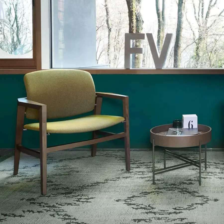 Distinctive Potocco Tray side table with light metal crossings supporting a painted glass top and curved ash edge