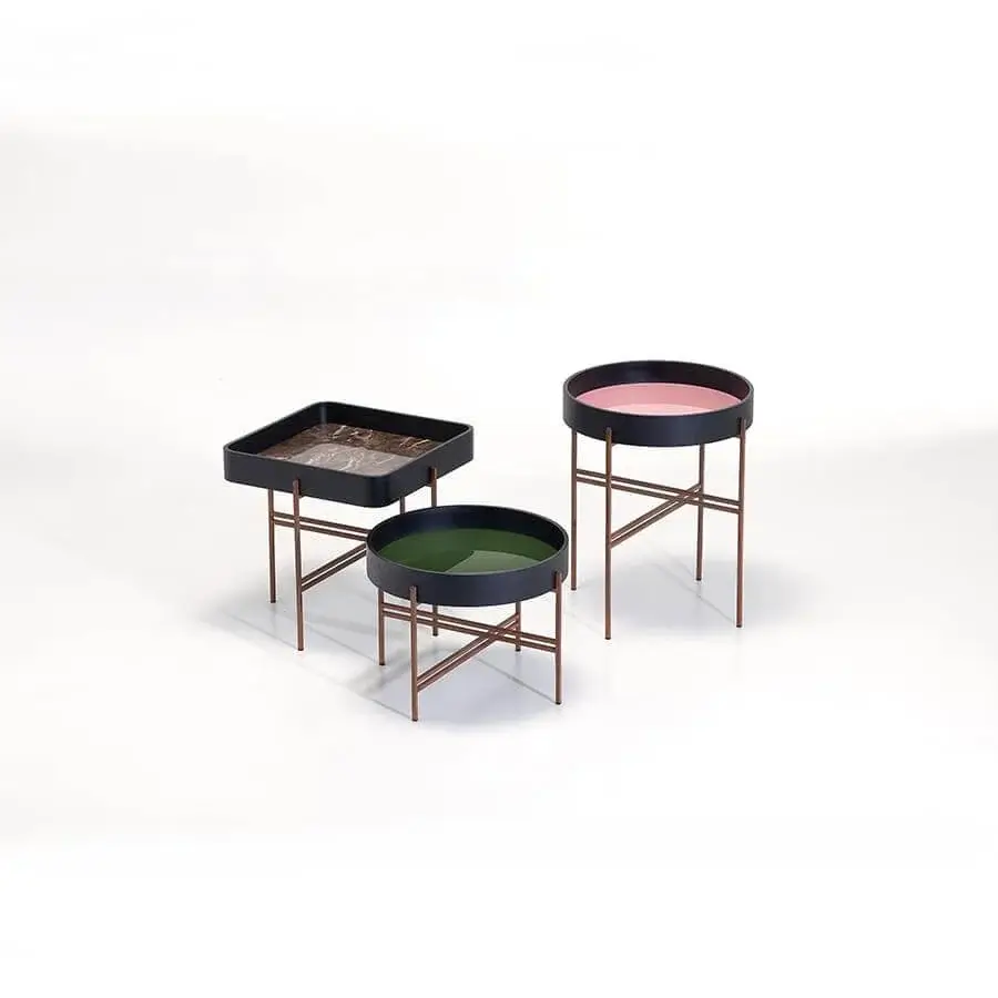 Exceptional Potocco Tray side table with pink glass top and curved ash framing a light copper crossing structure