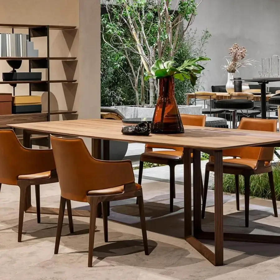 Distinguished Potocco Velis armchair with smooth light brown leather upholstery and matte Canaletto walnut frame