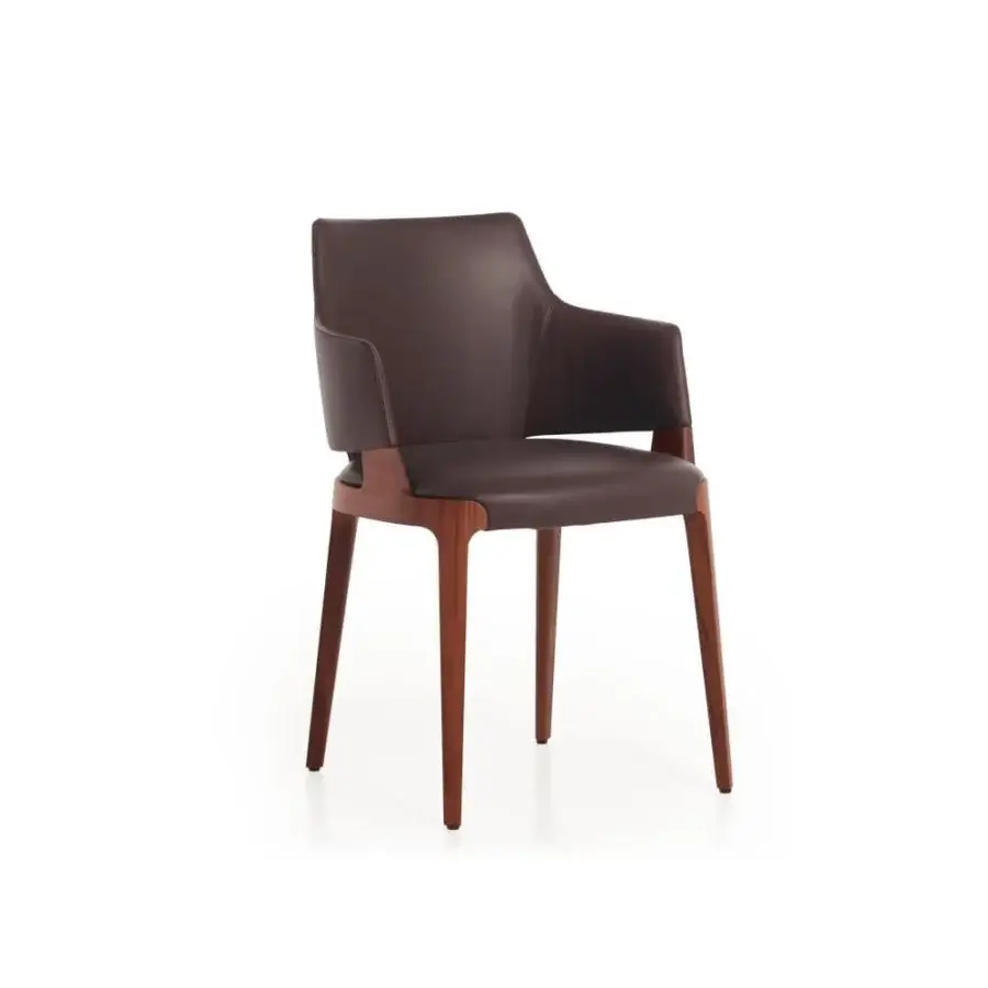 Elegant Potocco Velis armchair with dark brown upholstery and Canaletto walnut frame exhibiting a matte finish