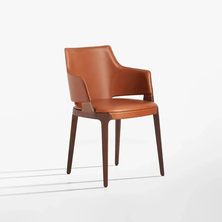 Distinguished Potocco Velis armchair with graceful curved form in light brown leather-like upholstery and dark brown ash frame
