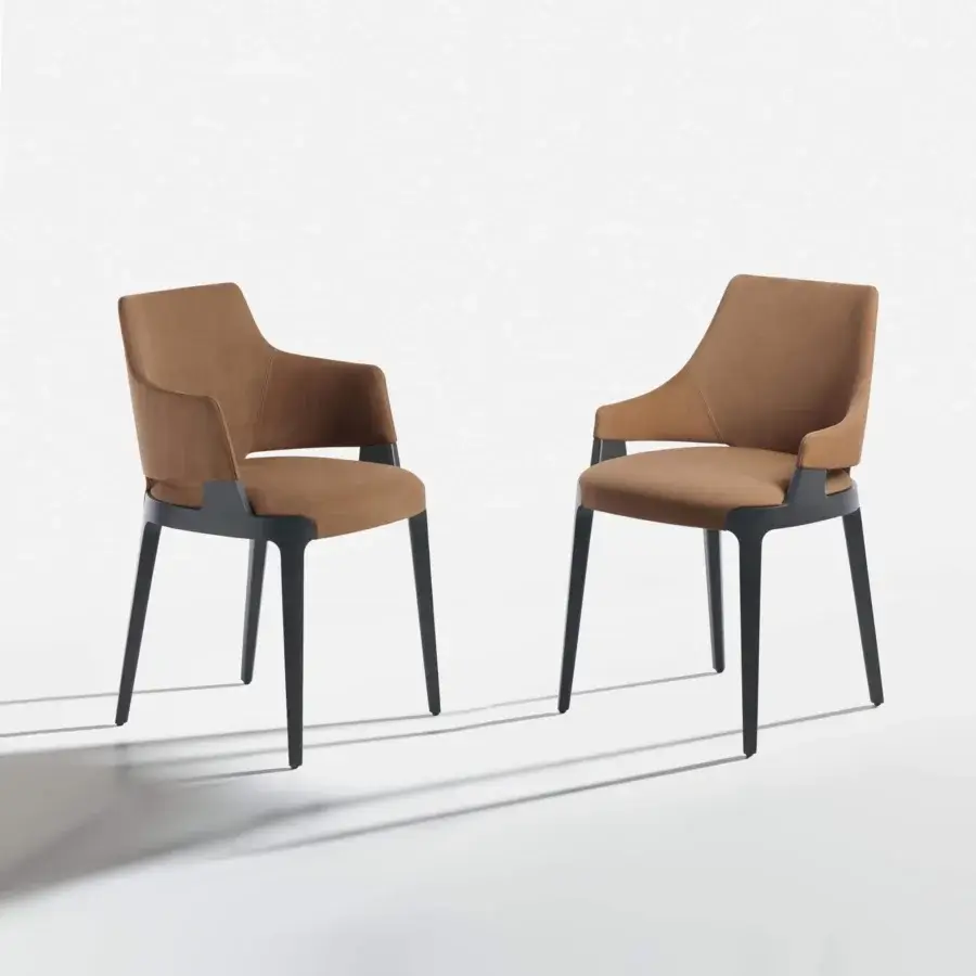 Distinguished Potocco Velis armchair with light brown textile upholstery and Canaletto walnut frame
