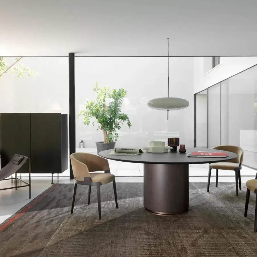 Exceptional Potocco Velis armchair with curved light tan synthetic textile and dark brown ash frame