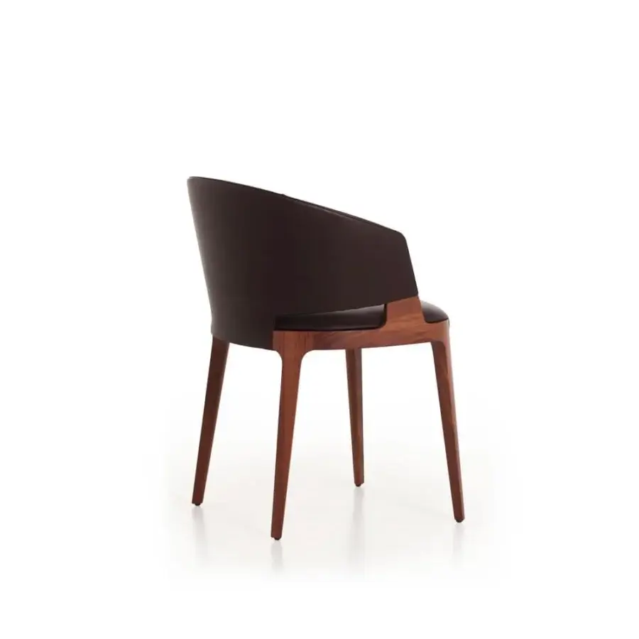Distinguished Potocco Velis armchair with gently curved dark brown leather upholstery and dark-stained ash frame