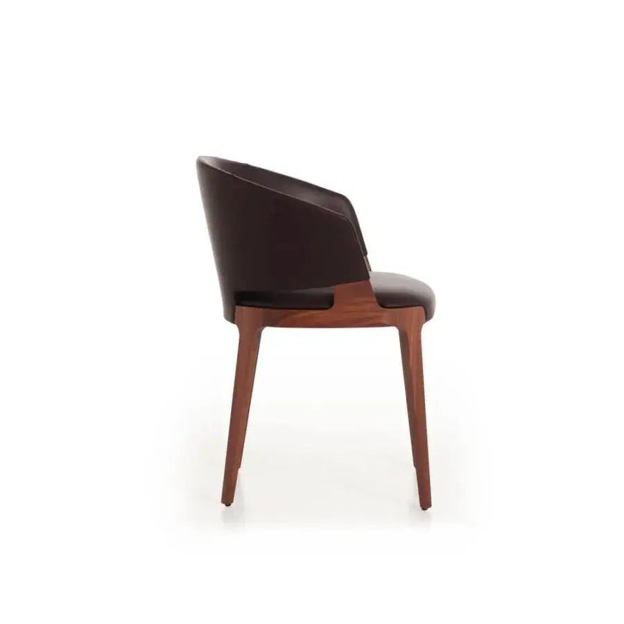 Exceptional Potocco Velis armchair with smooth dark brown leather-like upholstery and visible ash or Canaletto walnut frame