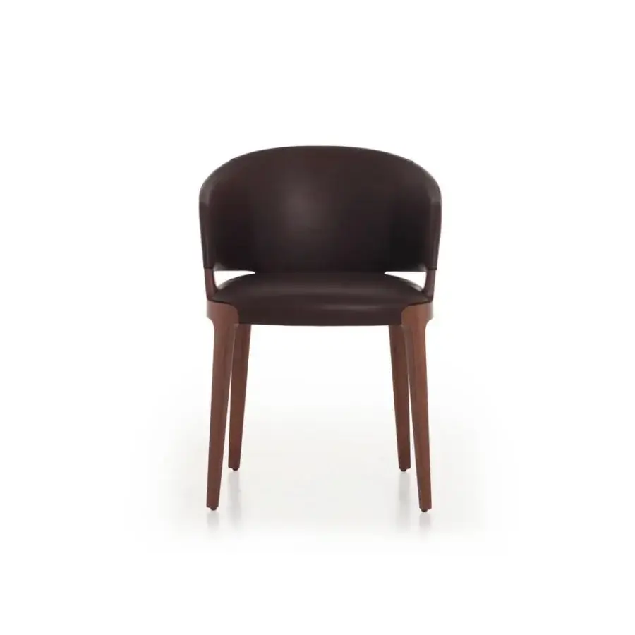 Elegant Potocco Velis armchair with curved lines and smooth brown leather-like upholstery built with ash wood legs