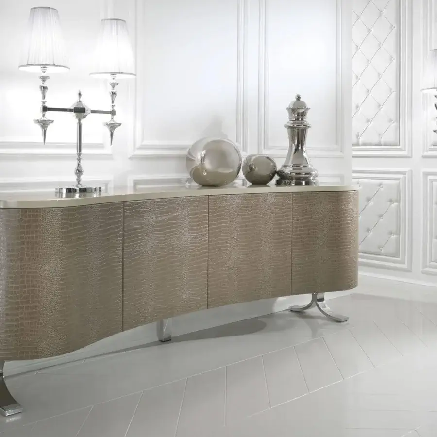 Superior DV Home Collection Form sideboard with pale beige lacquered structure and quilted taupe leather doors