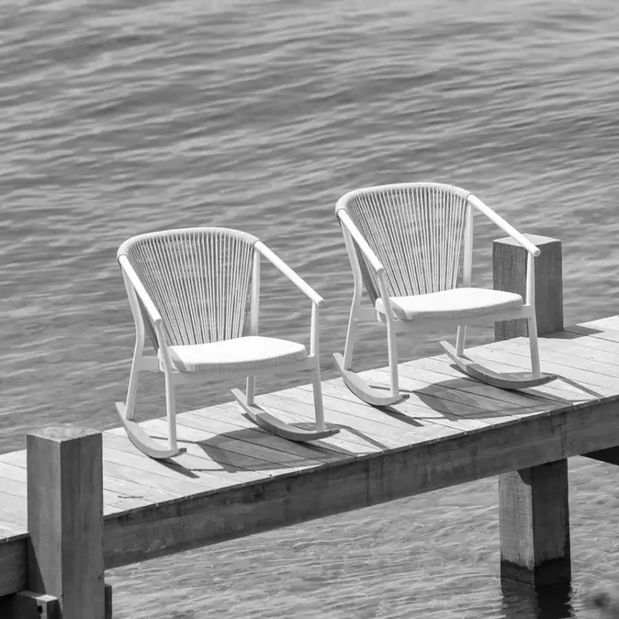 Distinguished Varaschin Smart Rocking Lounge Chair with powder-coated aluminum structure and VAR#TEX PVC technical mesh seat crafted in light gray or white hues