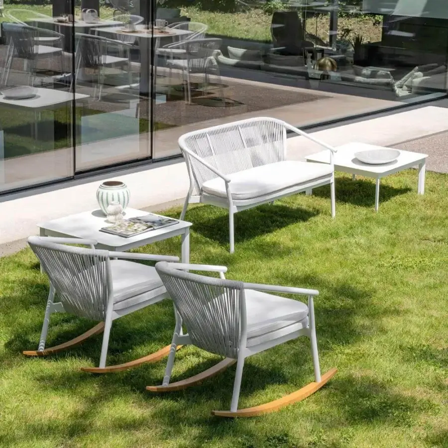 Sophisticated Varaschin Smart Rocking Lounge Chair with white powder-coated aluminum and woven VAR#TEX synthetic rope back