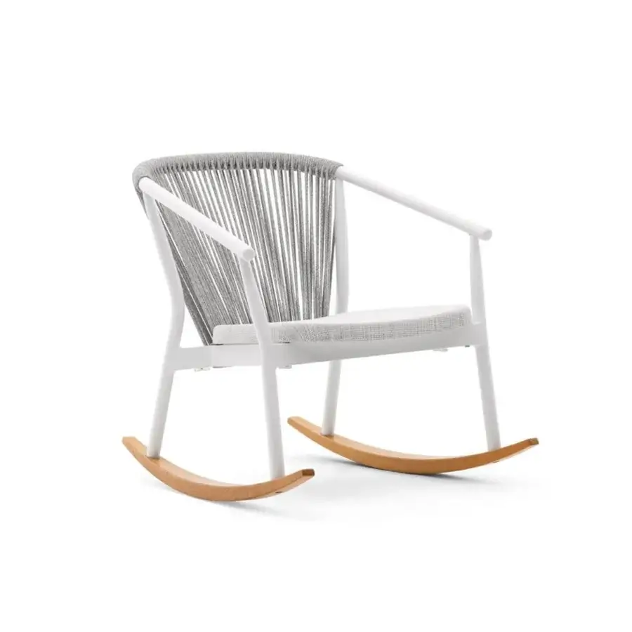 Superior Varaschin Smart Rocking Lounge Chair with woven VAR#TEX synthetic rope, light gray textile seat and white powder-coated aluminum frame