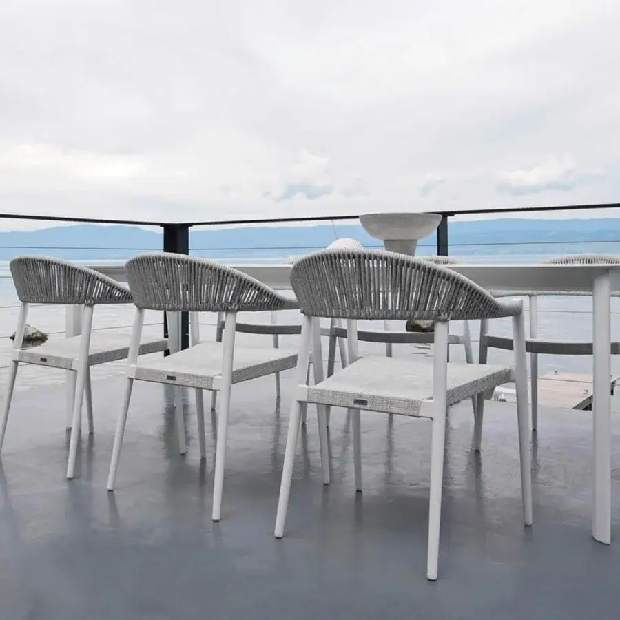 Distinguished Varaschin System table with a light gray HPL top and powder-coated aluminum structure crafted in Italy