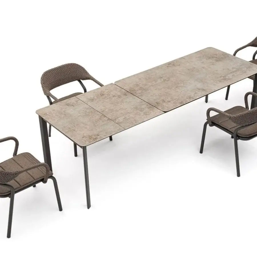 Elegant Varaschin System table with a light beige HPL top and dark powder-coated aluminum structure