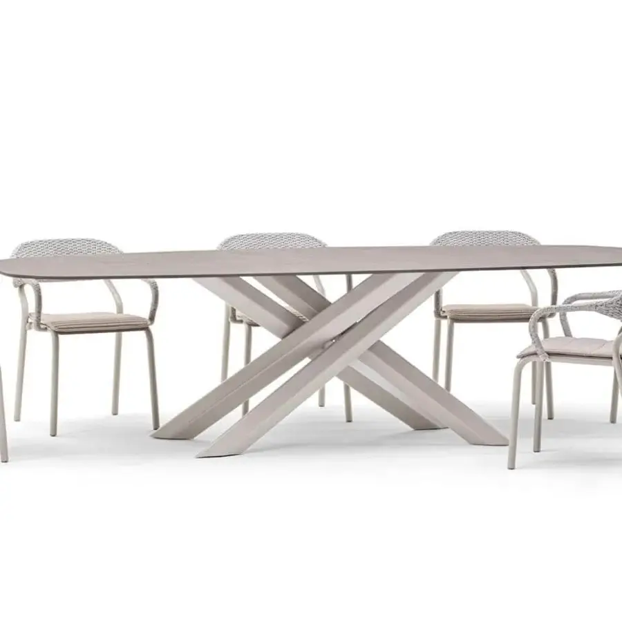 Elegant Varaschin System Star table with a greyish-brown HPL top and light grey extruded aluminum base crafted with a geometric design