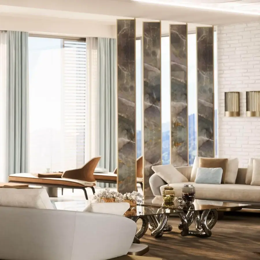 Distinguished Reflex Oh room divider with swiveling design and Marble glass in glossy gray and brown with Bronze finish