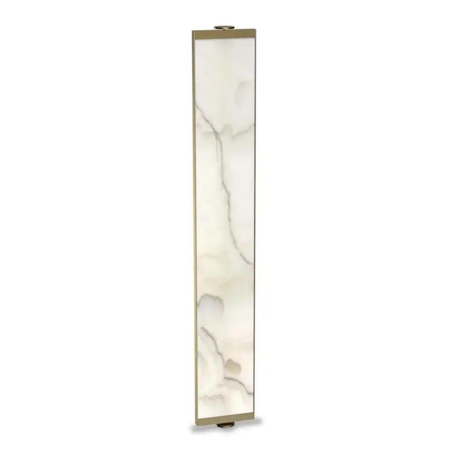 Superior Reflex Oh room divider with bronze structure and marble glass panel in swirling white and light beige hues