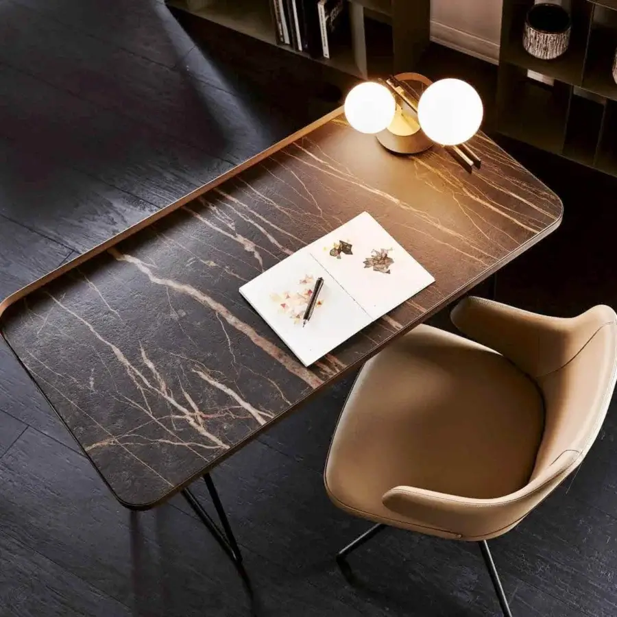 Distinguished Cattelan Italia Planeta table lamp in burnished steel with brushed brass details and satin white blown glass shades