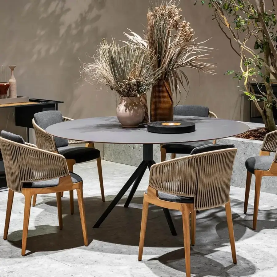 Exceptional Potocco Velis armchair with solid Iroko wood, woven light tan “Gassa” cord and comfortable gray outdoor fabric upholstery