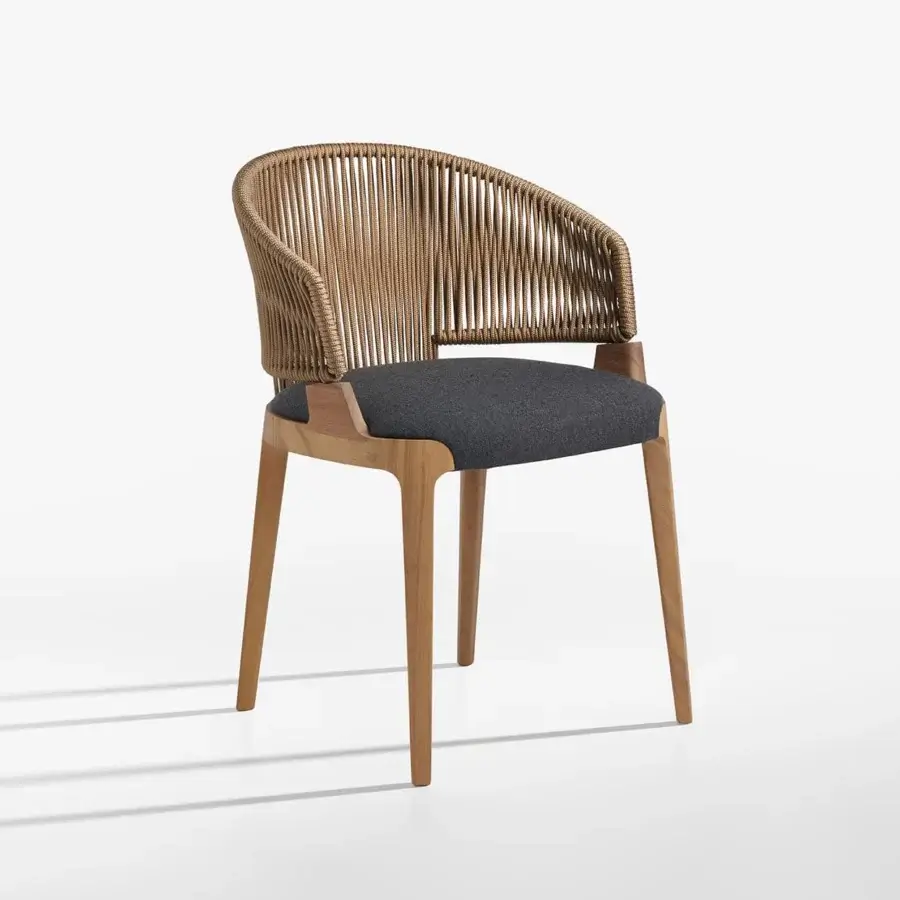 Distinguished Potocco Velis armchair with solid Iroko wood, light brown woven back and dark gray textile upholstery crafted in Italy