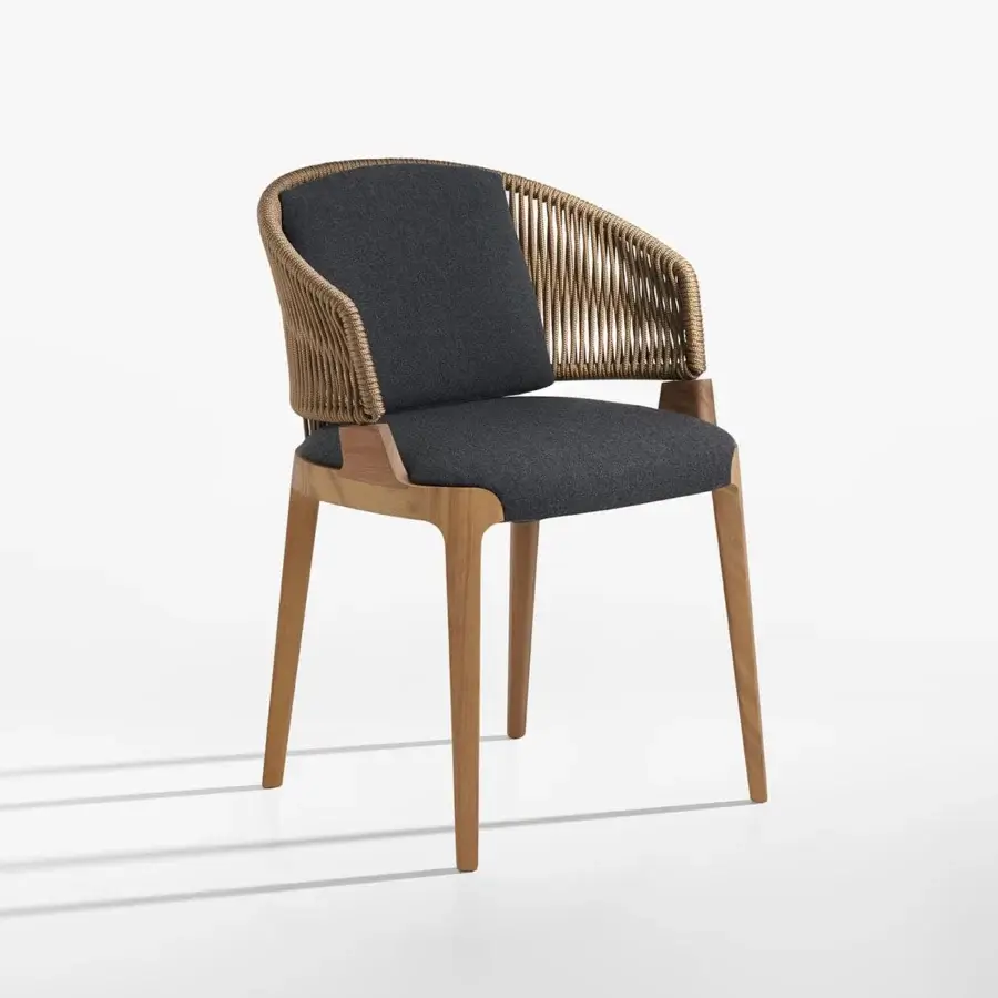 Sophisticated Potocco Velis armchair with Iroko wood frame and woven “Gassa” cord back in dark gray outdoor finishes