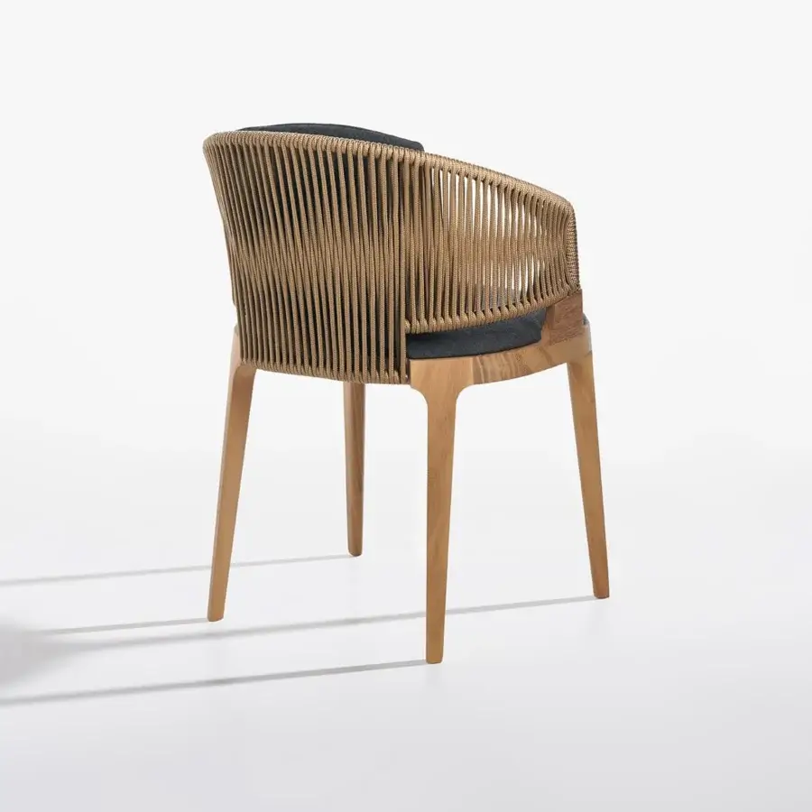 Lavish Potocco Velis armchair with solid Iroko wood, woven brown “Gassa” cord backrest and dark gray outdoor upholstery