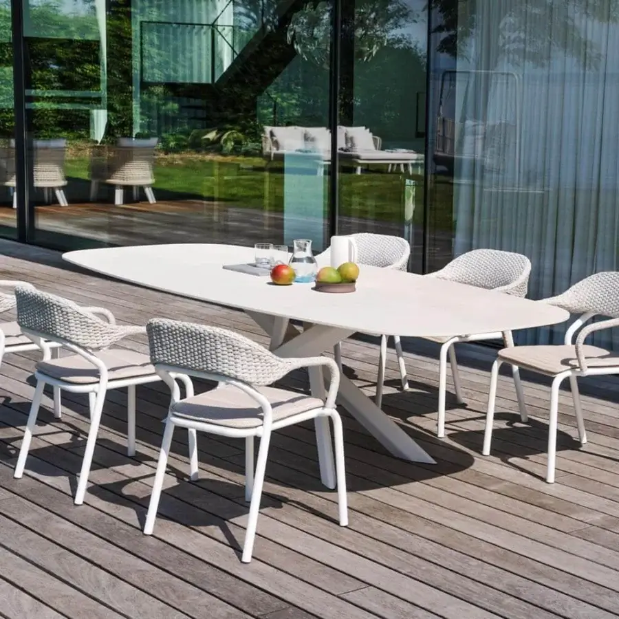 Sophisticated Varaschin Noss armchair with light beige hand-woven polypropylene rope and white aluminum frame