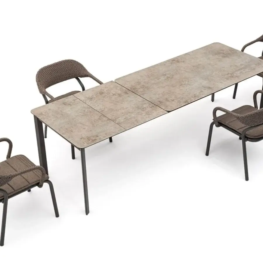 Exceptional Varaschin Noss armchair crafted with light-toned synthetic fiber rope and a matte dark tone aluminum frame