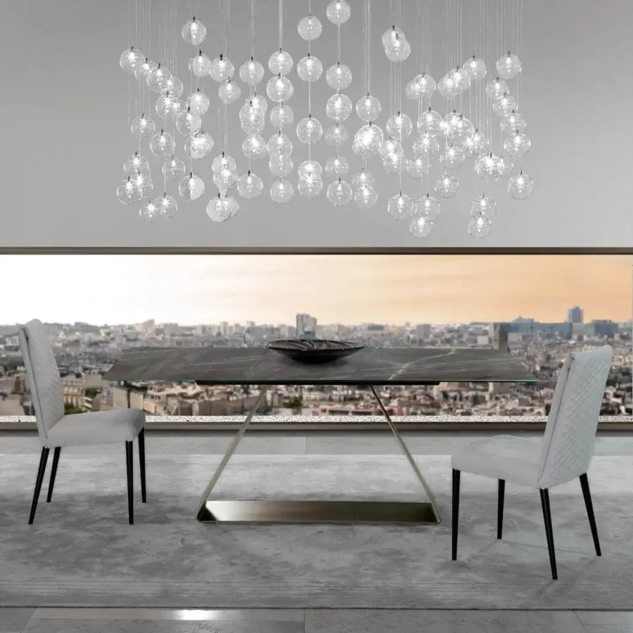Distinguished Reflex Oh table with rectangular Marble glass tabletop and bent metal in satin bronze finish