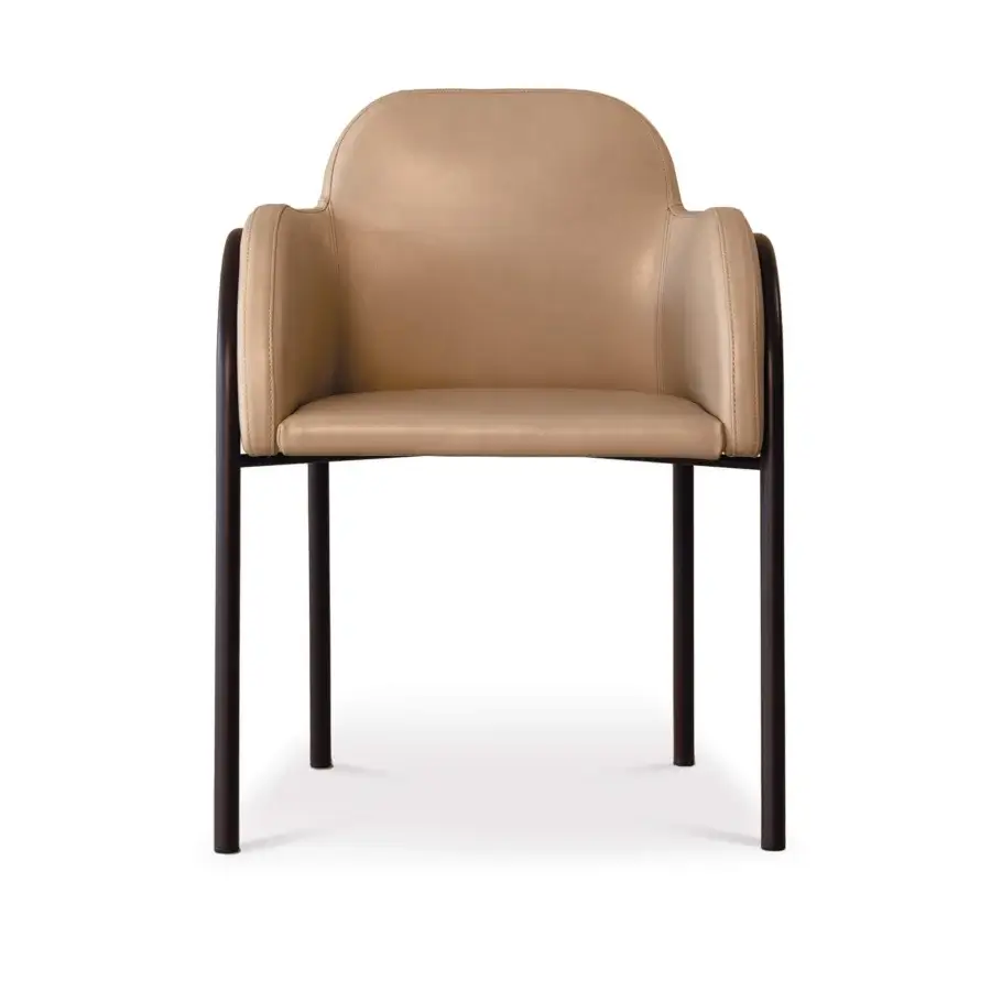 Distinguished Cierre1972 Adele armchair with slim metal trim mirroring leather seams in beige textile or leather-like material and dark-toned metal frame
