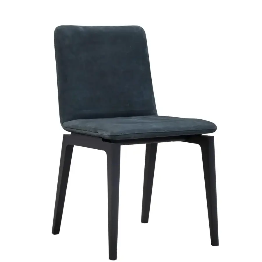 Distinguished Cierre1972 Marlon chair with dark wood legs and dark bluish-gray textile upholstery exhibiting a double-shell backrest construction
