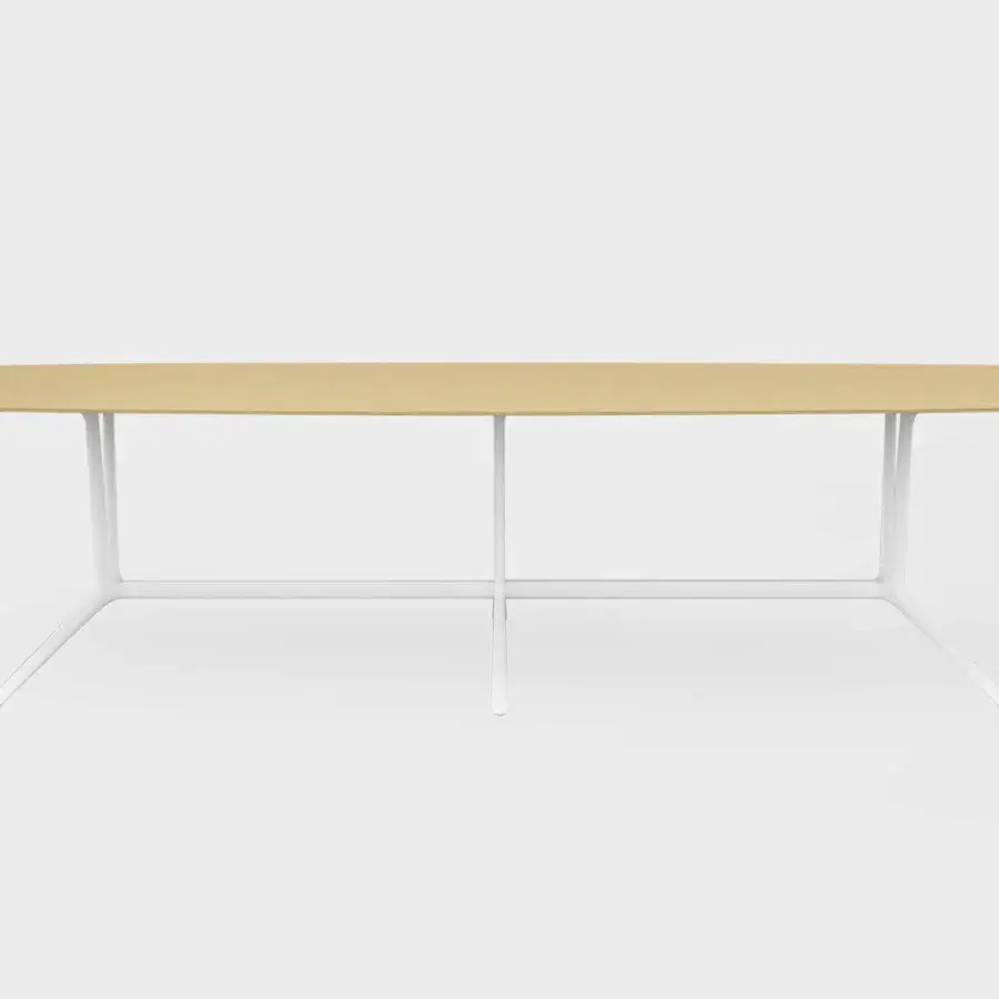 Distinguished Lapalma Trail conference table with a warm-toned steel barrel top and white powder-coated aluminum base crafted with zoomorphic legs