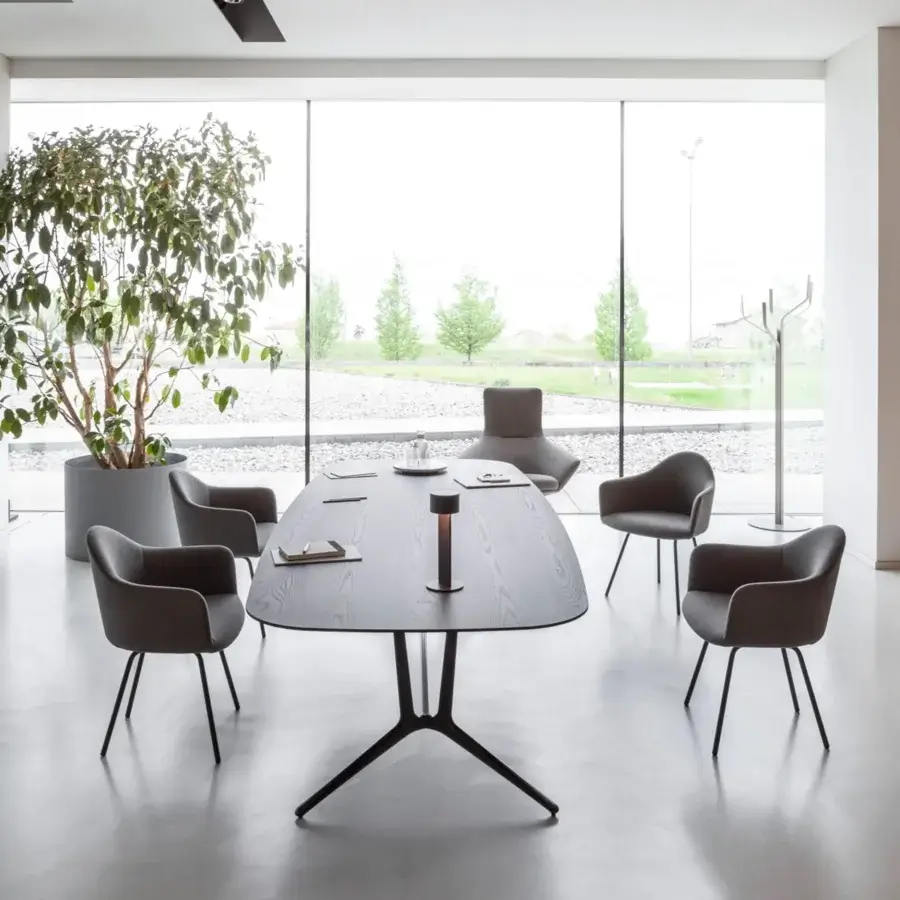 Superior Lapalma Trail conference table with a wood-grain tabletop and sleek powder-coated metal base crafted in Italy