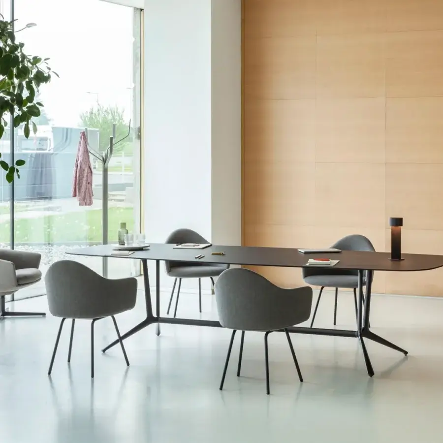 Distinguished Lapalma Trail conference table with a dark brown barrel top and matte black powder-coated metal base